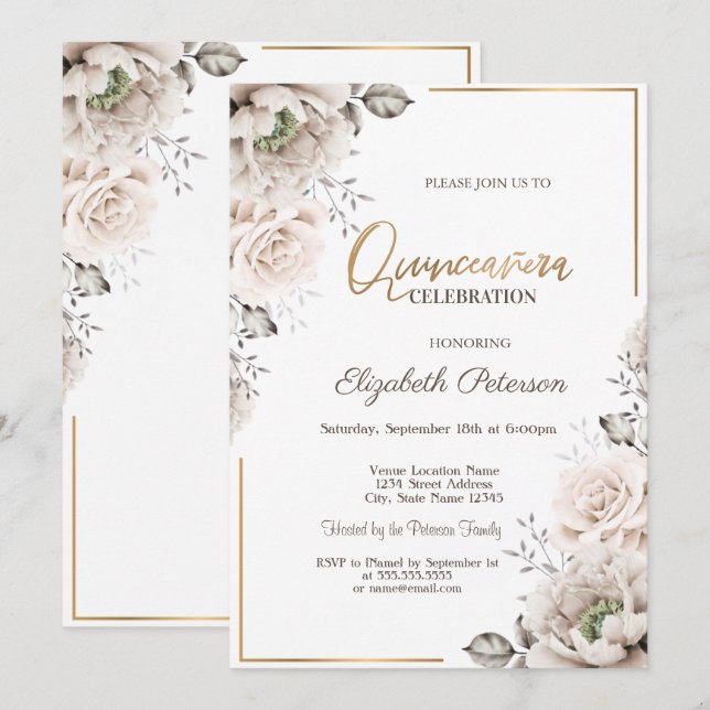Invitation Fleurs Blanches Élégantes Quinceañera (Devant / Derrière)