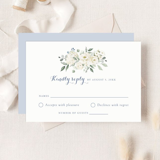 Invitation Fleurs Blanches Élégantes RSVP de Mariage Bleu Pou (Créateur téléchargé)