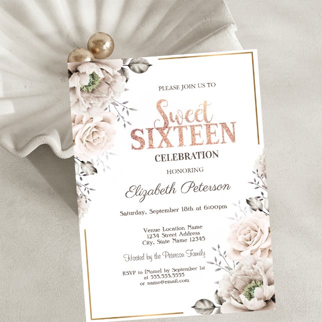 Invitation Fleurs Blanches Élégantes Sweet 16 (Créateur téléchargé)