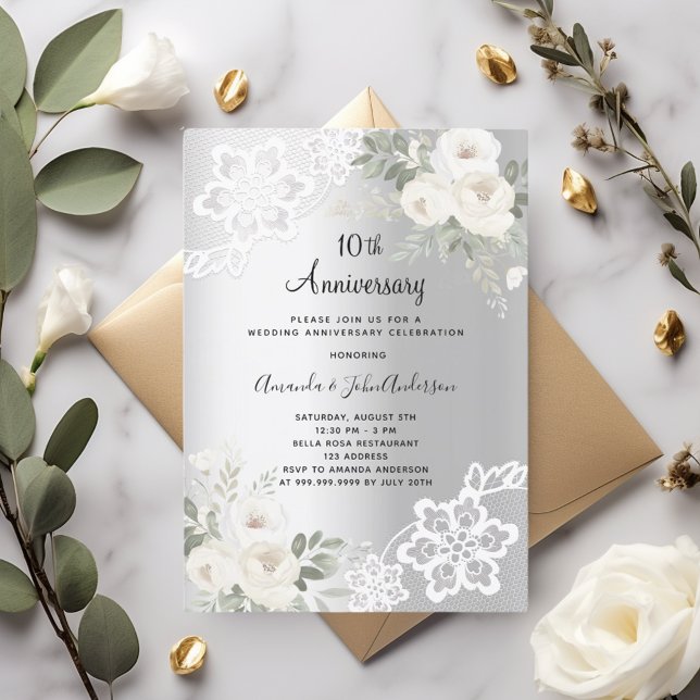 Invitation Fleurs blanches en argent 10e anniversaire mariage (Créateur téléchargé)