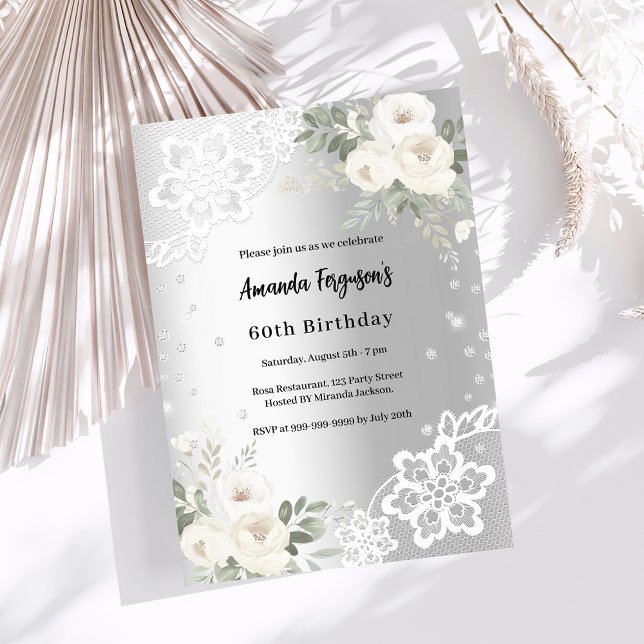 Invitation Fleurs blanches en argent diamants anniversaire de (Créateur téléchargé)