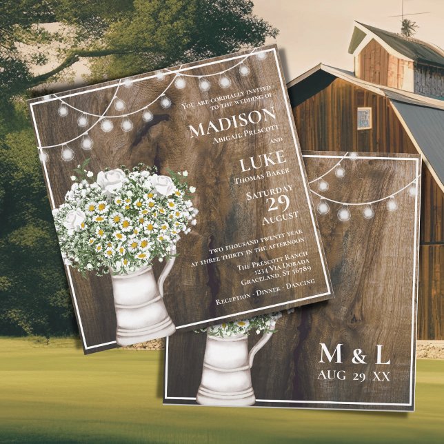 Invitation Fleurs blanches en bois rustique Chaîne de lumière (Créateur téléchargé)