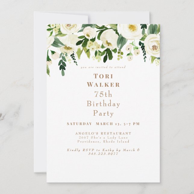 Invitation Fleurs Blanches en Cascade pour une Fête d'Anniver (Devant)
