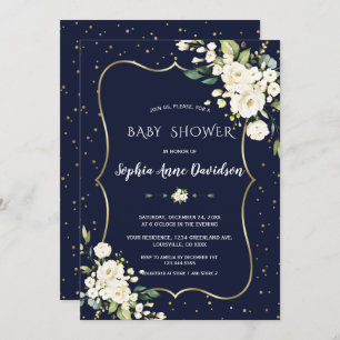 Invitation Fleurs blanches en or de luxe Baby shower bleu mar