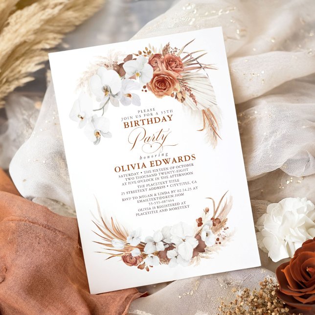 Invitation Fleurs blanches en terre cuite Boho Chic fête d'an (Terracotta Birthday Invitations)