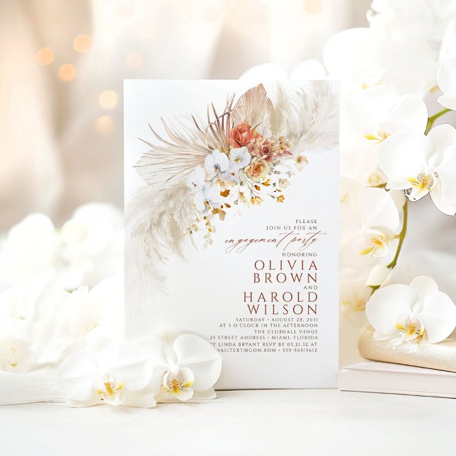 Invitation Fleurs blanches en terre cuite Boho Engagement Par (White Orchids Terracotta Engagement Party Invitations)