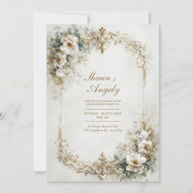 Invitation Fleurs Blanches Et Baroque Doré À Rinceaux Mariage (Devant)
