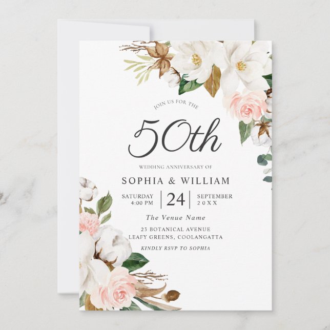 Invitation Fleurs blanches et blanches 50e anniversaire de Ma (Devant)
