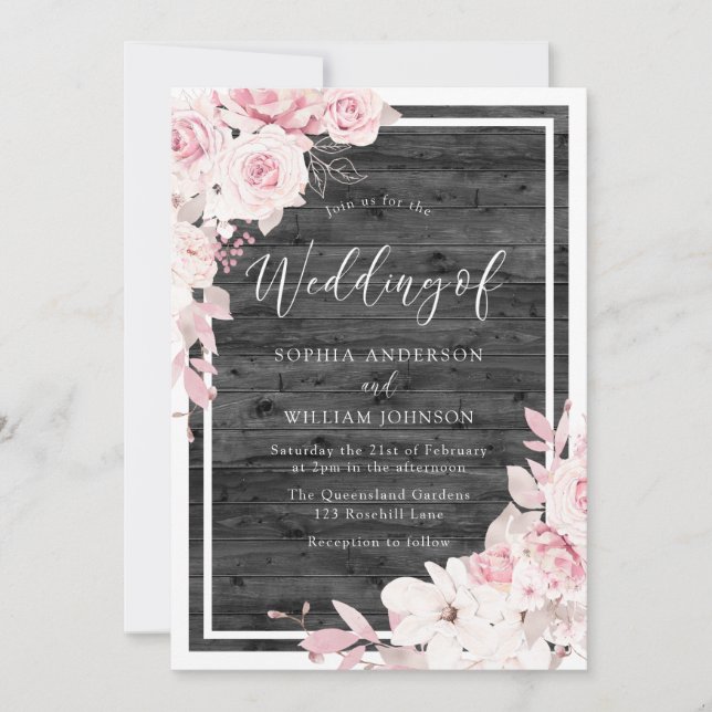 Invitation Fleurs blanches et blanches Mariage noir rustique (Devant)