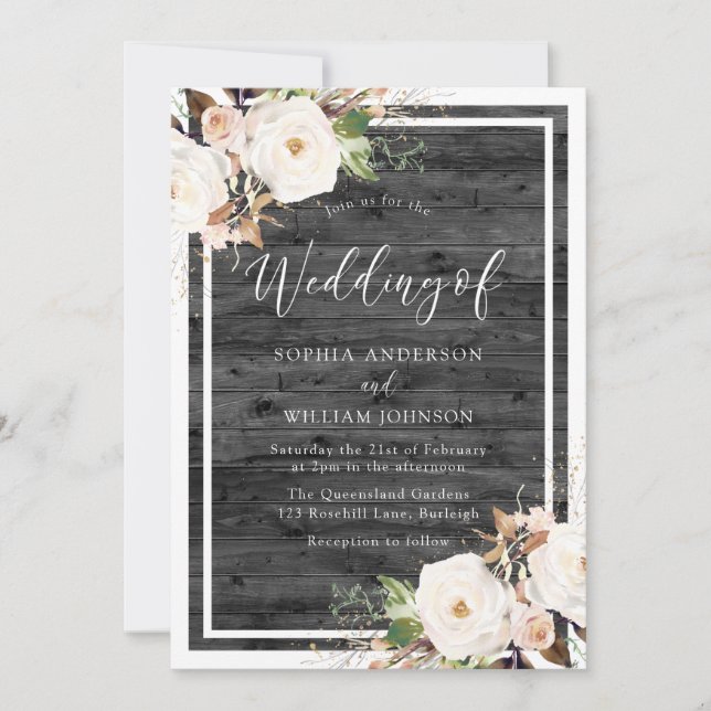 Invitation Fleurs blanches et bleues Mariage de bois rustique (Devant)