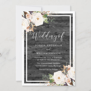 Invitation Fleurs blanches et bleues Mariage de bois rustique
