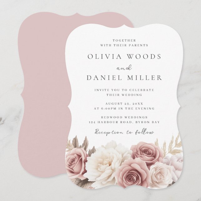 Invitation Fleurs blanches et bleues Mariage élégant (Devant / Derrière)