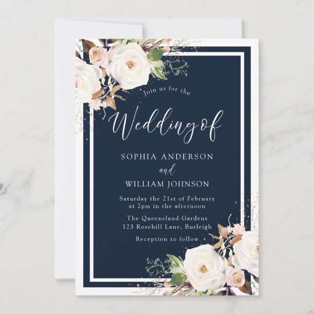 Invitation Fleurs blanches et bleues Marine Mariage Indigo (Devant)