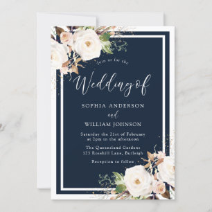 Invitation Fleurs blanches et bleues Marine Mariage Indigo