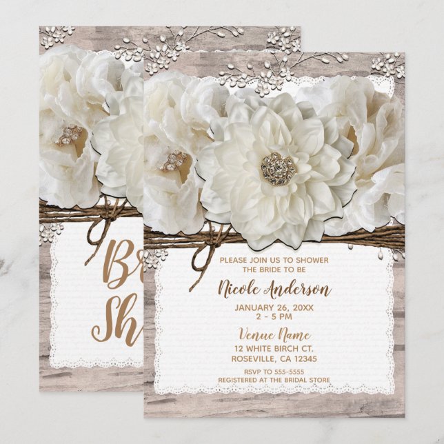 Invitation Fleurs blanches et bouleau : fête de mariage glamo (Devant / Derrière)