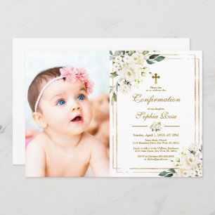Invitation Fleurs blanches et cadre d'or Confirmation fille p