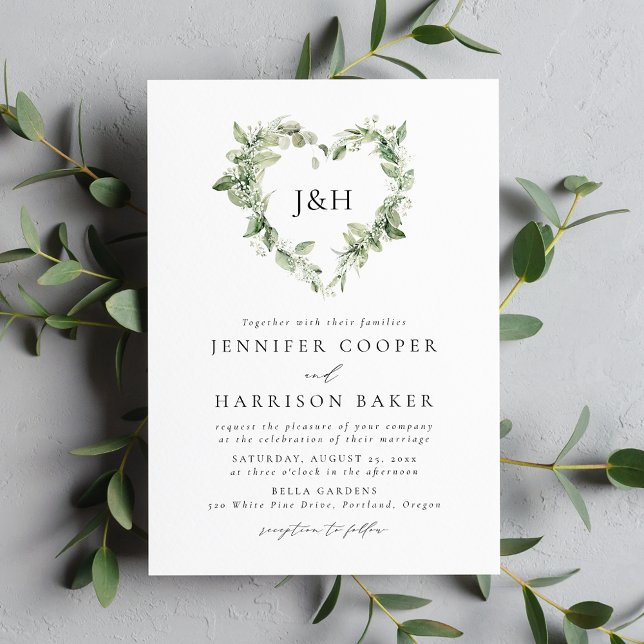 Invitation Fleurs blanches et cœur de verdure avec monogramme (Créateur téléchargé)