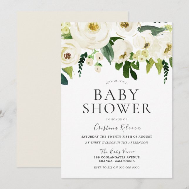Invitation Fleurs blanches et crème Baby shower élégant (Devant / Derrière)