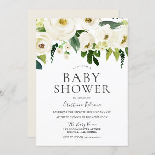 Invitation Fleurs blanches et crème Baby shower élégant
