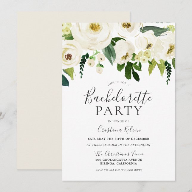 Invitation Fleurs blanches et crème Élégante Bachelorette Par (Devant / Derrière)