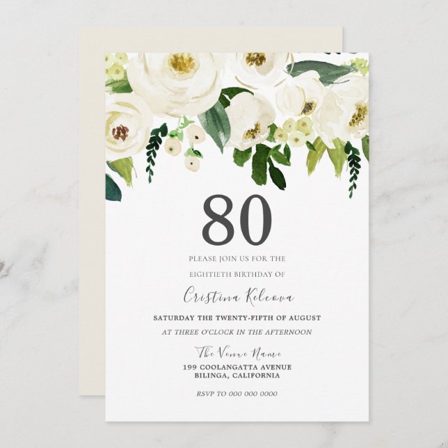 Invitation Fleurs blanches et crème Elégante fête de 80e anni (Devant / Derrière)