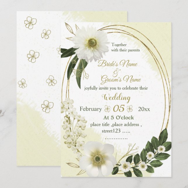 Invitation fleurs blanches et dorées verdure géométrique mari (Devant / Derrière)