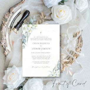 Invitation Fleurs blanches et élégante verdure Mariage cathol