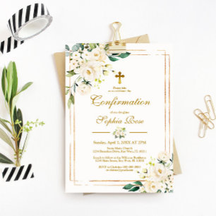 Invitation Fleurs blanches et Gold Frame Girl Confirmation