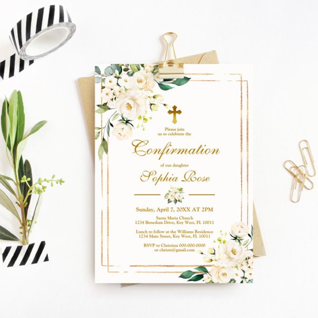 Invitation Fleurs blanches et Gold Frame Girl Confirmation (Créateur téléchargé)