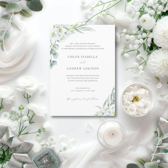 Invitation Fleurs blanches et Mariage de verdure élégant avec (This elegant invitation features white flowers and greenery for a minimalist, fine art wedding look)