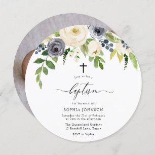 Invitation Fleurs blanches et marines Baptême photo bébé