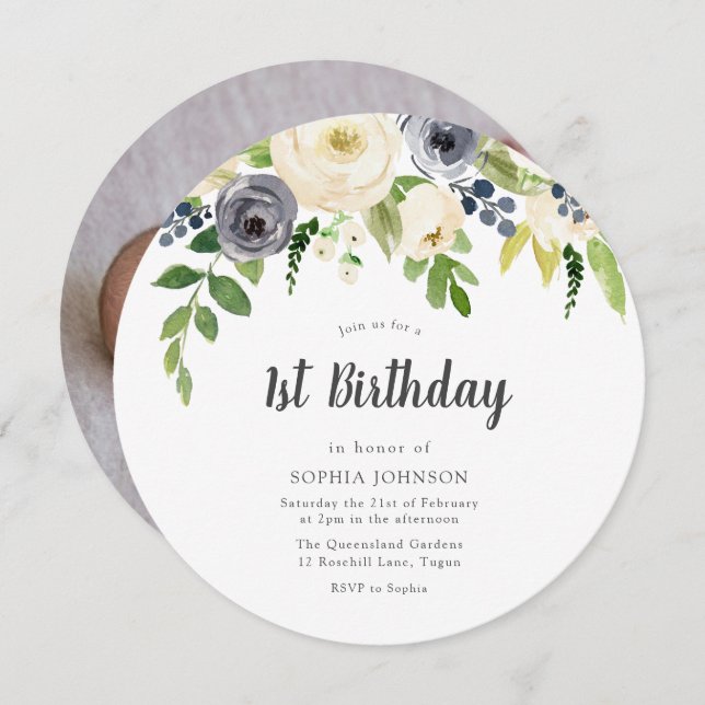 Invitation Fleurs blanches et marines Bébé Photo 1er Annivers (Devant / Derrière)