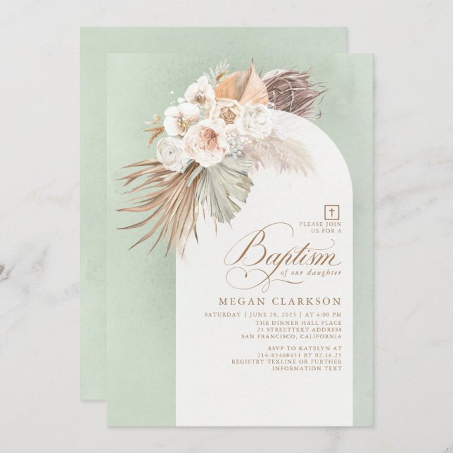 Invitation Fleurs blanches et Pampas Grass Boho Baptême (Devant / Derrière)