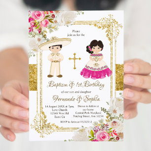 Invitation Fleurs blanches et roses Baptême Fiesta Twin
