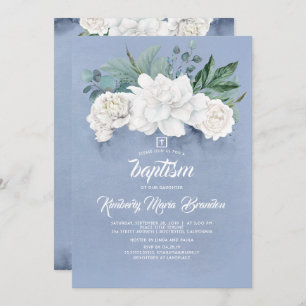Invitation Fleurs blanches et verdure Baptême bleu poussiéreu
