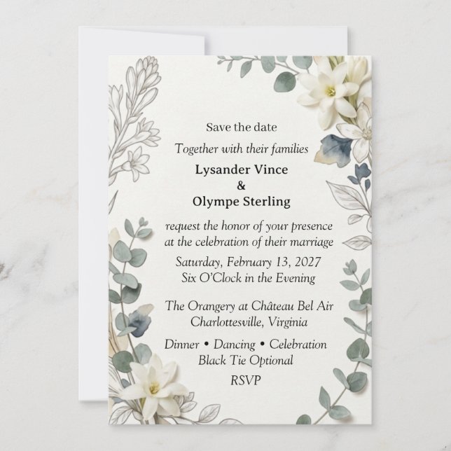 Invitation Fleurs Blanches, Feuillage d'Eucalyptus, Ligne Bot (Devant)
