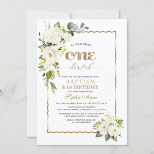 Invitation Fleurs blanches Gold Girl Premier anniversaire & B