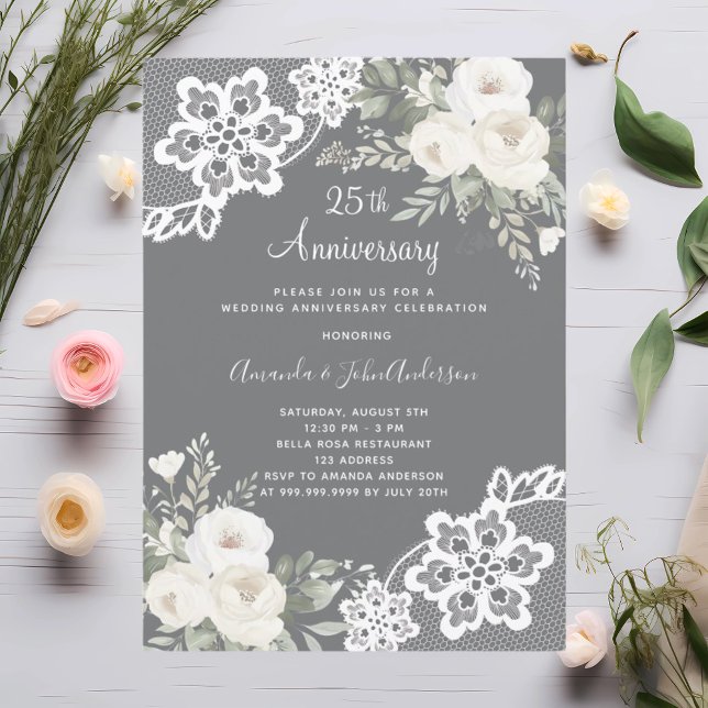 Invitation Fleurs blanches gris 25e anniversaire mariage (Créateur téléchargé)