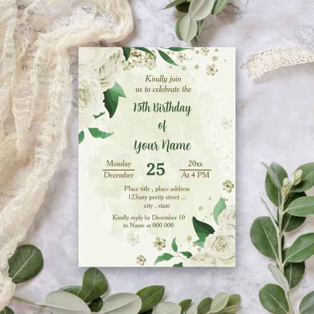 Invitation Fleurs blanches ivoire fête verte (Créateur téléchargé)