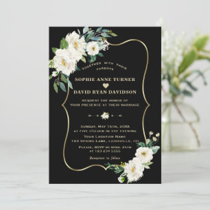 Invitation Fleurs blanches ivoire modernes Rose or noir Maria