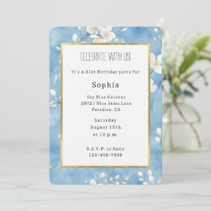 Invitation Fleurs blanches jolies bleu ciel Anniversaire