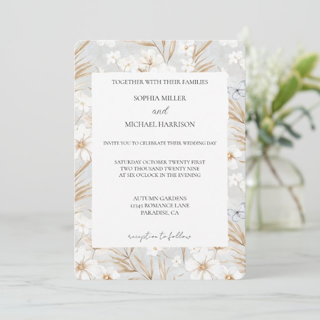 Invitation Fleurs Blanches Jolis Papillons Bleus Mariage (Debout devant)