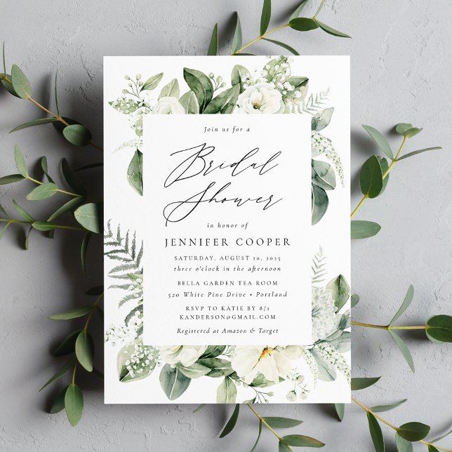 Invitation Fleurs Blanches Luxuriantes et Plantes pour une Ba (Créateur téléchargé)