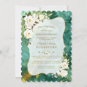 Invitation Fleurs blanches Malachite Gold Baby shower espagno