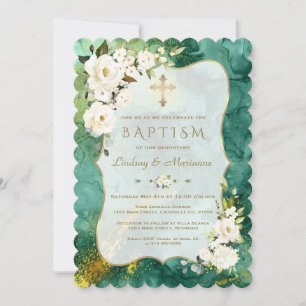 Invitation Fleurs blanches Malachite Gold Twins Baptême