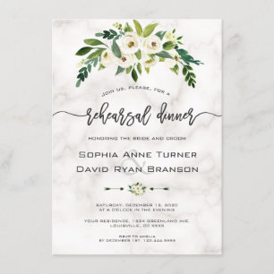 Invitation Fleurs blanches Marbre Écriture manuscrite Dîner d