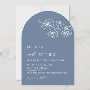 Invitation Fleurs blanches mariage casual bleu poussiéreux