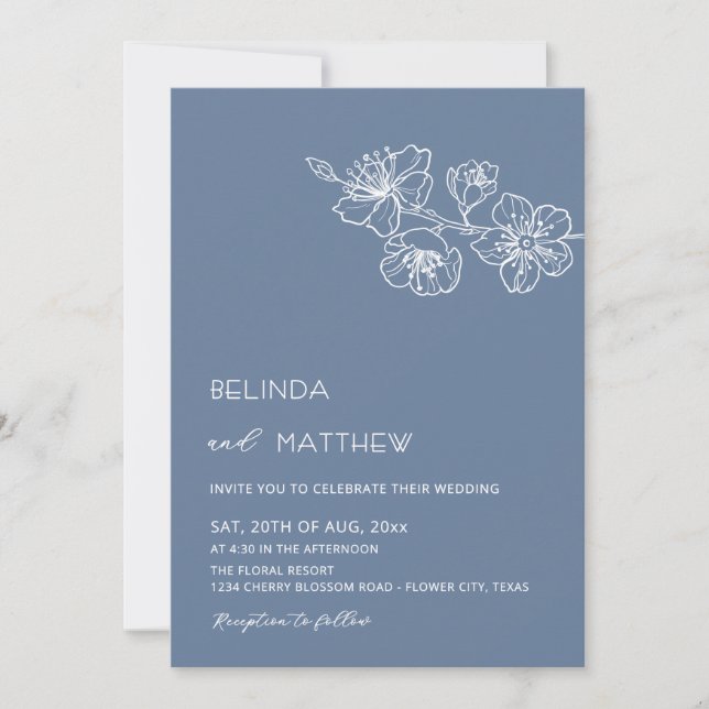 Invitation Fleurs blanches mariage casual bleu poussiéreux (Devant)