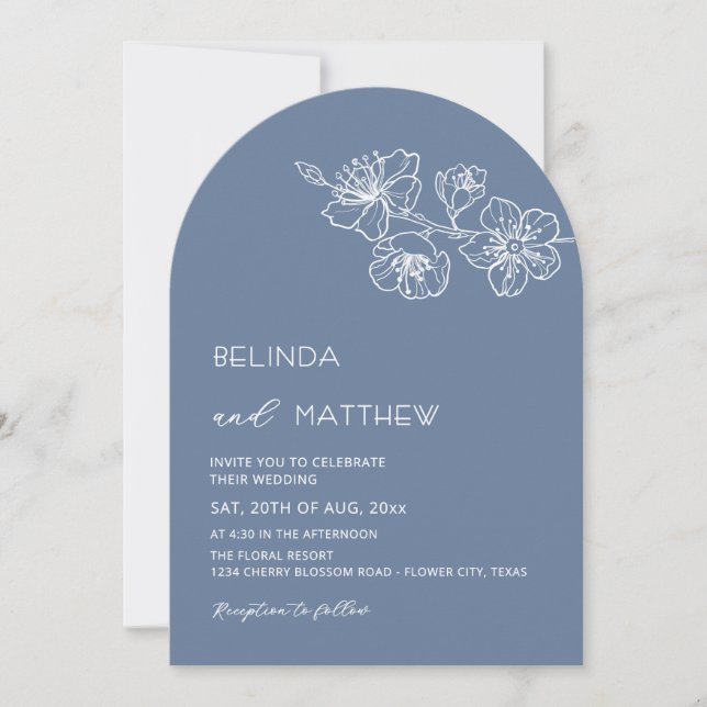 Invitation Fleurs blanches mariage casual bleu poussiéreux (Devant)