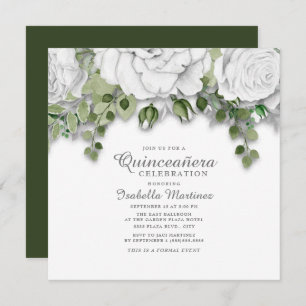 Invitation Fleurs blanches modernes Feuilles verts Quinceañer